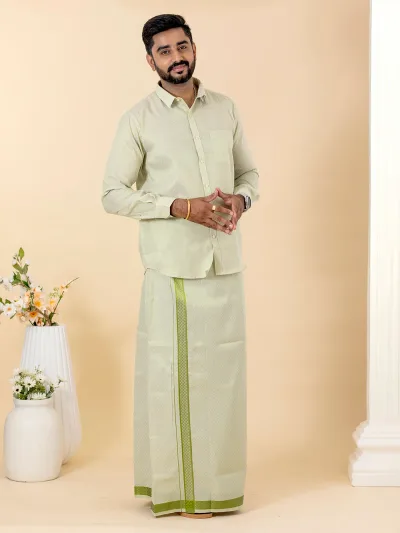 Men Moss Green Tissue Jacquard Shirt with Matching Dhoti Set MGD12